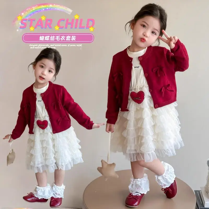 

Kawaii модный комплект свитера для девочек, студенческий весенне-осенний повседневный трикотаж, платье принцессы, комплект из 2 предметов, детская одежда