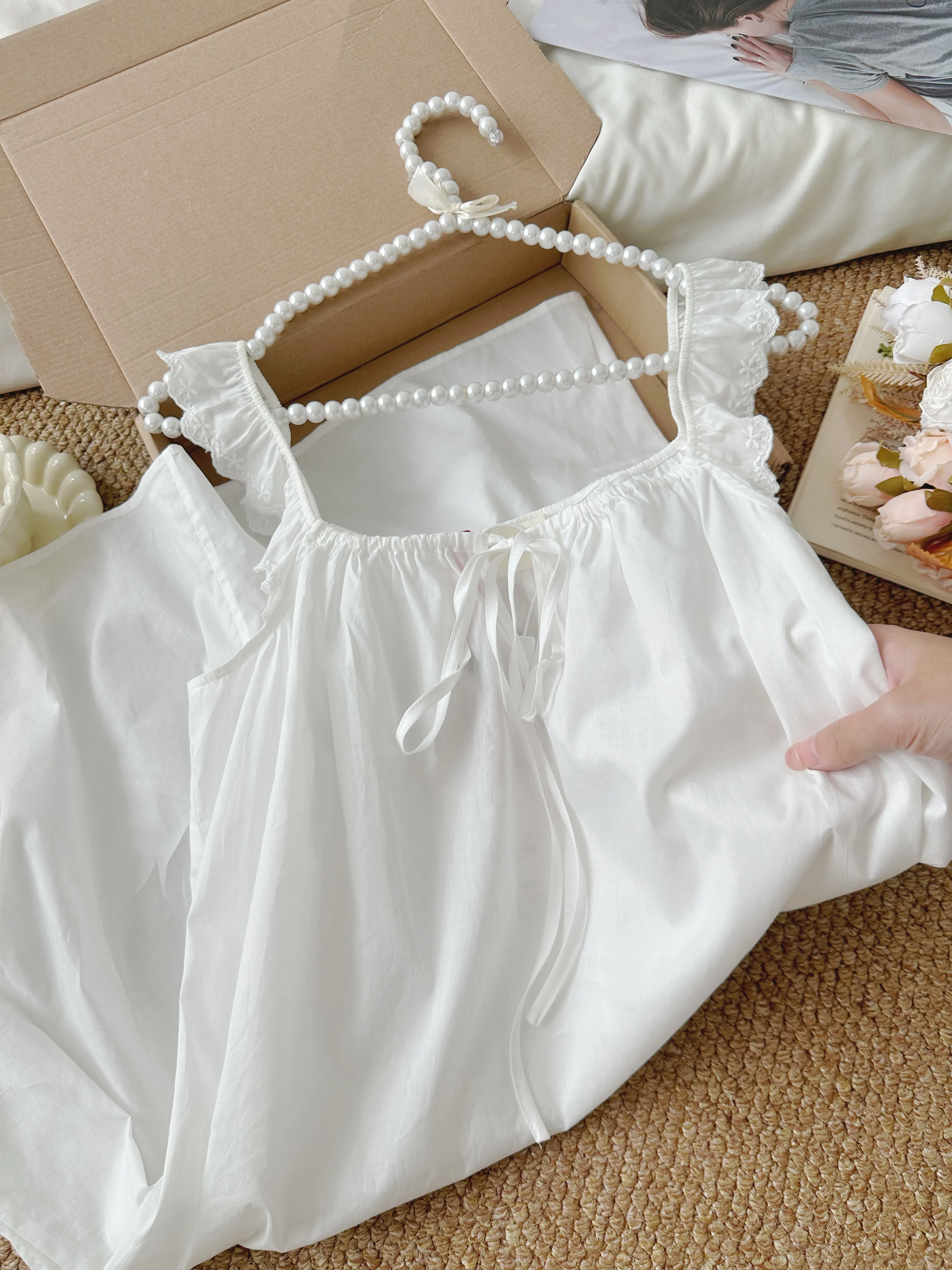 100% cotton summer simple white dress pajamas 2025 new sweet sister cute casual loungewear solid color suspender pajamas