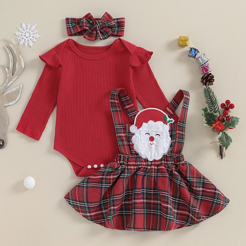 

Toddler Girls Winter Holiday Set Festive Reindeer Print Romper with Tartan Suspender Skirt and Matching Headband