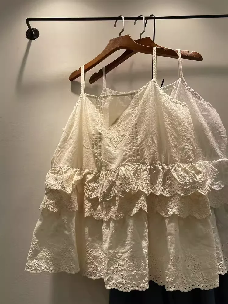 

Mori kei Japan fashion sweet lace check print patchwork camisole for women kawaii mushroom embroider cotton halter top