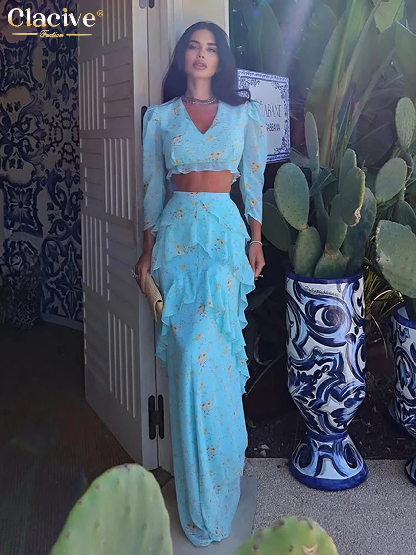 Clacive Sexy Loose Print 2 Piece Set Women 2025 Fashion Long Sleeve Crop Top With High Waist Long Skirt Set Female Clothing