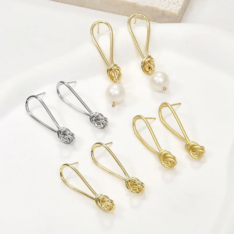Copper Plated 14k Gold Color Strip Knotted Line Silver Needle Earrings Stud Earrings DIY Earrings Handmade Accessories Material