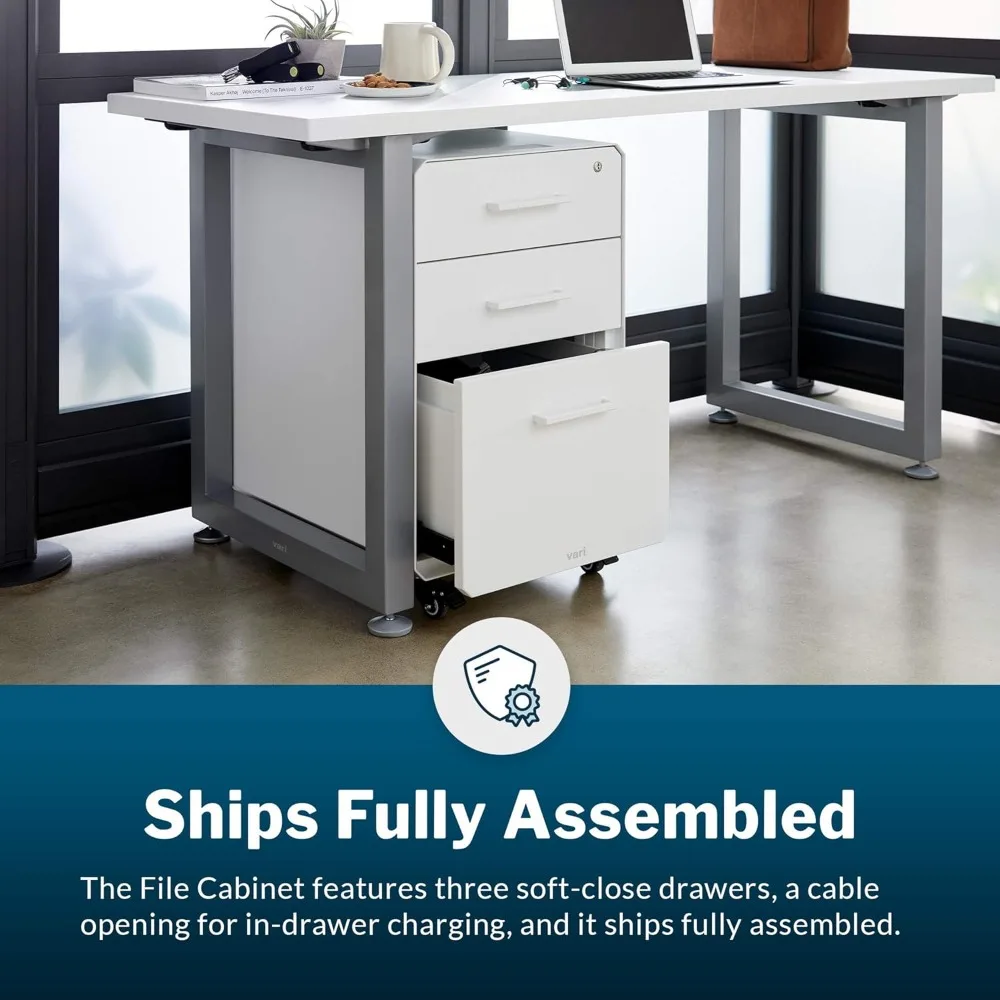 Vari File Cabinet for Office Storage with Three Drawers - Roll & Lock Caster Wheels (White)