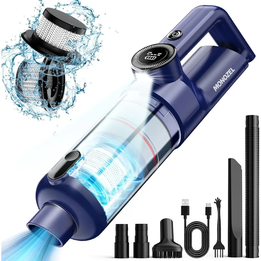 

Handheld Vacuum Cleaner with Brush, 15kPa Suction, LED Light, Type C Port, 2L, Portable for Home, Pet and Car