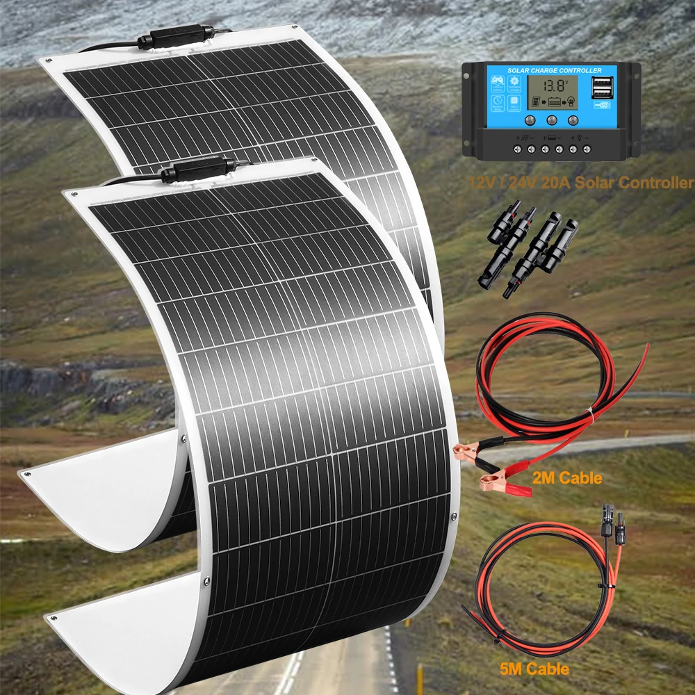 

500W 400W 200W 100W Flexible Solar Panel kit Portable Photovoltaic solar panels PV Connector Cables for Yacht Boat RV Cabin 12V