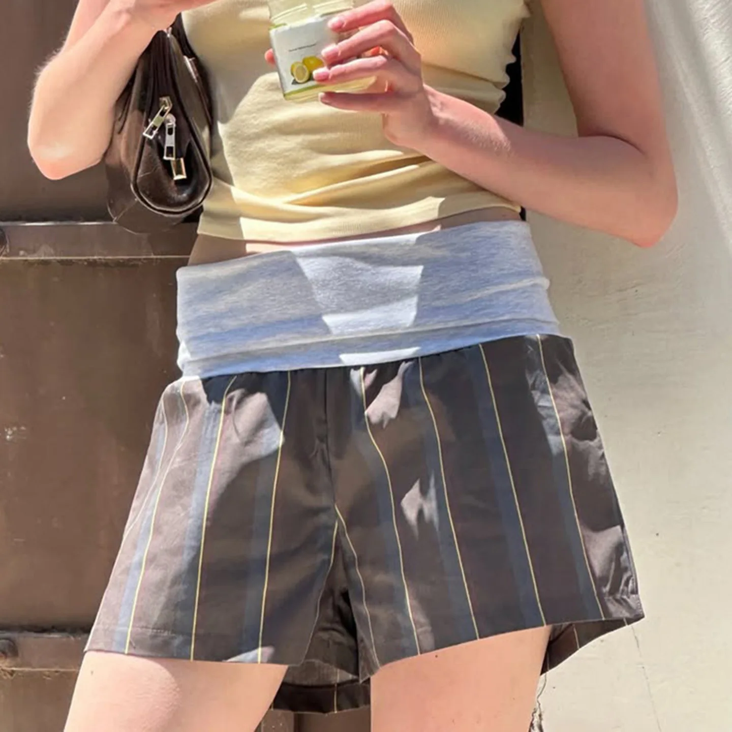 개성 넘치는 스트릿 스타일 스파이시 걸 로우 웨이스트 스트라이프 루즈핏 와이드 레그 캐주얼 반바지 여성용