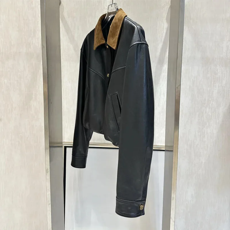 Giacca da donna in vera pelle con colletto rovesciato Cappotto primaverile con fibbia a fila singola in tessuto di velluto a coste