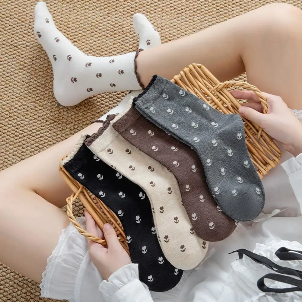 Mulheres tubo médio floral impressão meias moda japonesa bolinhas retro meias femininas jk lolita doce meninas bonito plissado meias