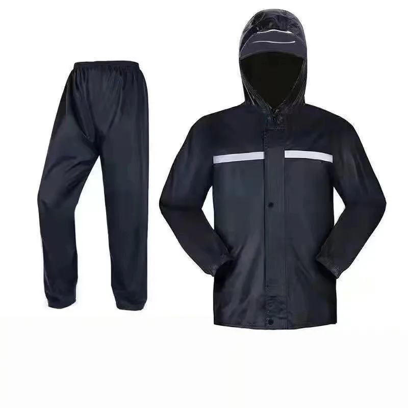 Men Hooded Rain Suit Jacket Pants Set Waterproof Reflective Stripe Raincoat For Motorcycle Cycling Outdoor Working Rain Gear