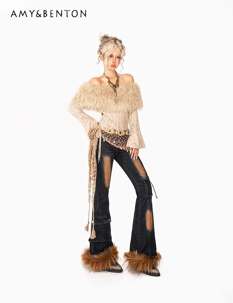 

Autumn Winter New Hot Sale Retro Style Off-Shoulder Long Sleeve Khaki Top Wasteland Style Women's Slim Fit Knitted Top