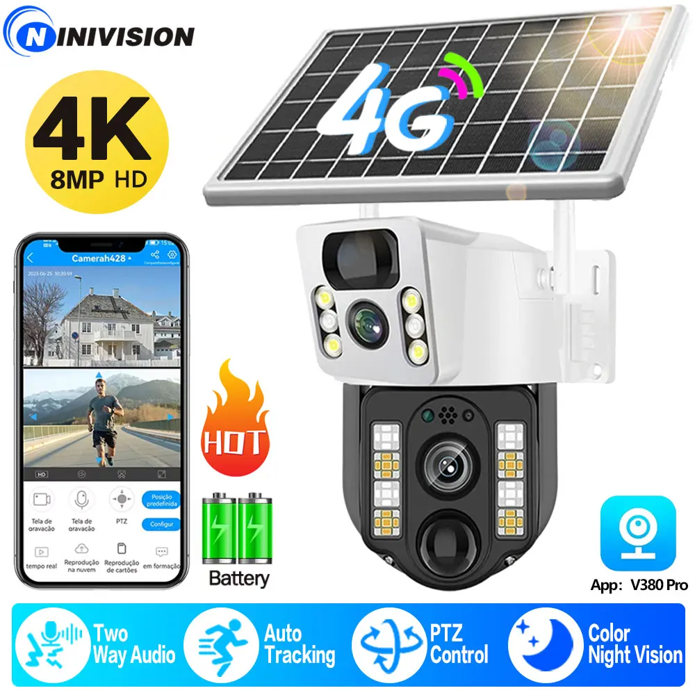 

8MP 4K Wireless Solar Camera 4G Sim Outdoor Dual Lens IP Camera PIR Night Vision V380 Pro CCTV Security Protection Monitor