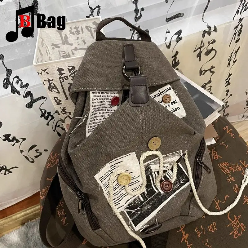 Y2K Gothic Women\'s Girls Punk Harajuku Handbag Button Hemp Rope Patch Backpack Canvas Korean Version Casual College Style Totes