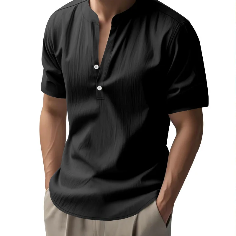 الصيف الرجال قميص فضفاض غير رسمي الرجال المألوف العمودي طوق الكتان قصيرة الأكمام بلون قميص طباعة مجانية شعار Cy-62-b