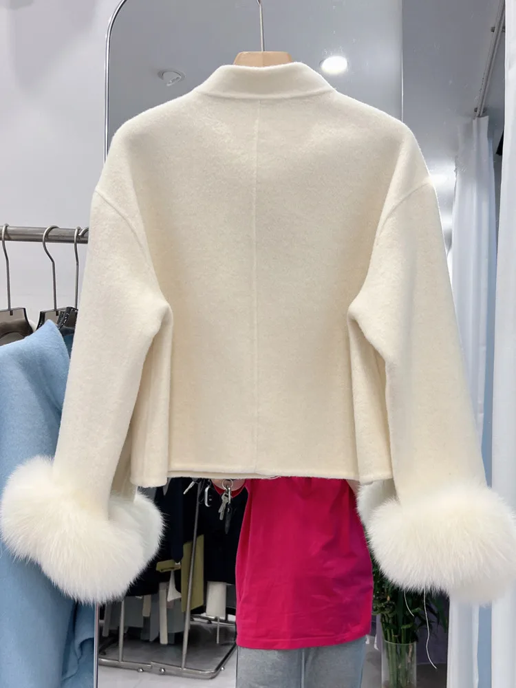 ZMEENNA Damen-Kurzmantel aus elfenbeinfarbener Wollmischung, abnehmbarer Krawatten-Schal, Kunstpelz-Manschette, einreihige Winterjacke, elegant, ZM4404