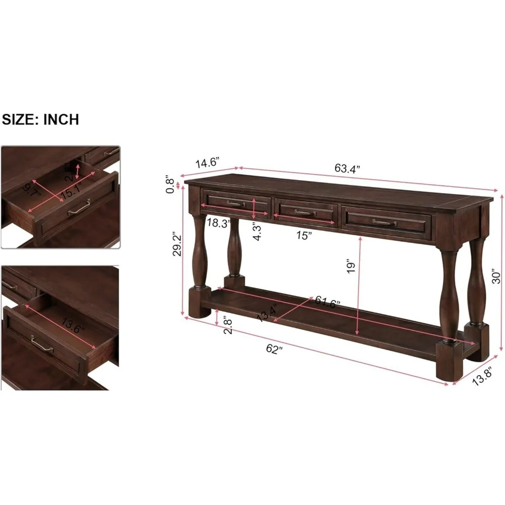 Knocbel 63.4 Antique Style Extra Long Console Table with 3 Drawers for Entryway, Hallway, and Behind Sofa