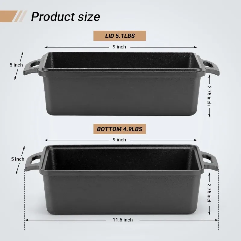 2 in 1 Cast Iron Bread Pan with Lid, Loaf Pans 2 Piece Set for Baking Homemade Meatloaf, 9×5 Inch