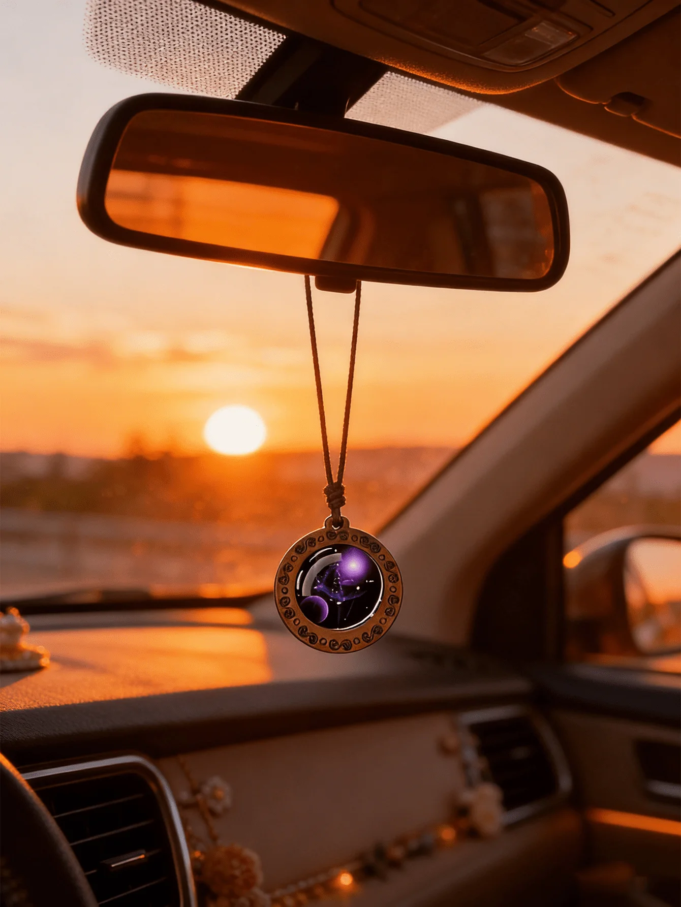 Personalized and Stylish Car Rearview Mirror with Starry Sky and Universe Design, Featuring a Retro Wooden Design and 12 Zodiac view 2