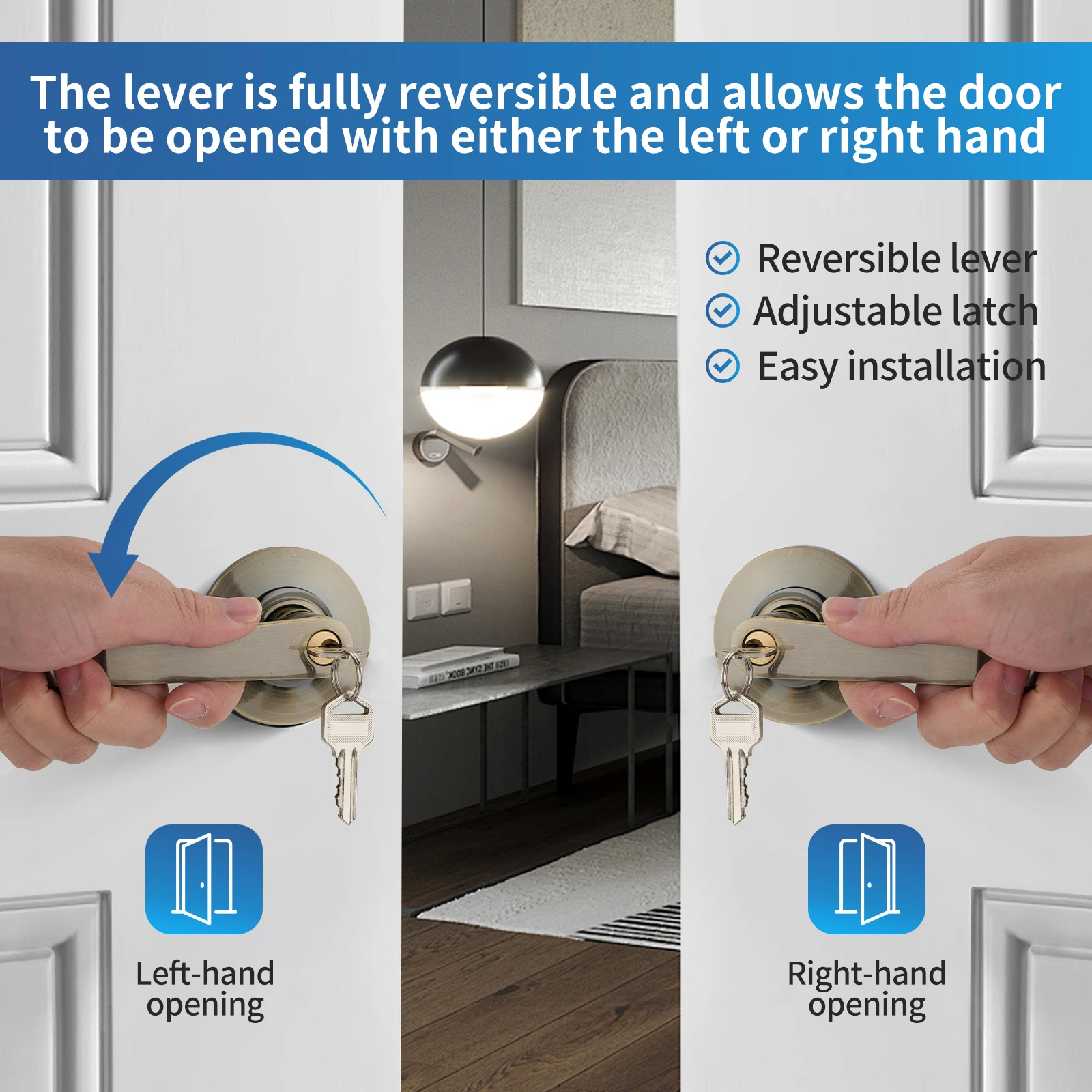Viladepot Aluminum Alloy Door Lock Rectangular Door Handle Lever Round Base Bedroom Bathroom with Keys
