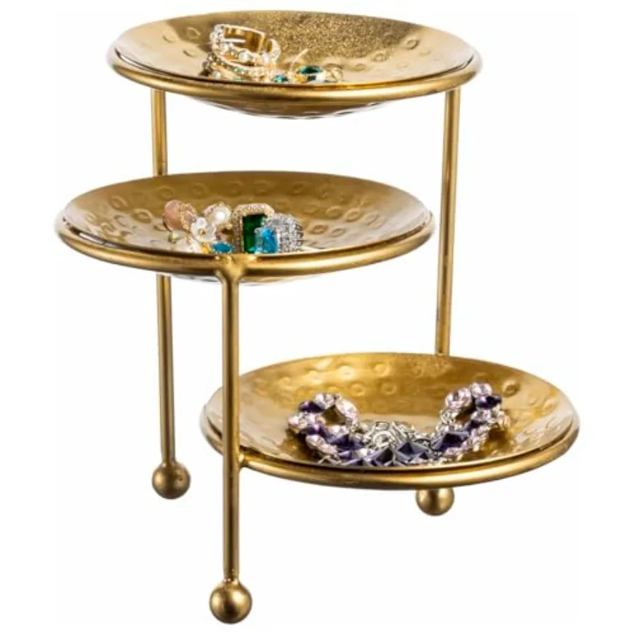 

3 Tier Jewelry Dish Organizer - Hammered Brass Plated Metal Ring Tray Decorative Earring Necklace Bracelet Storage Display Towe