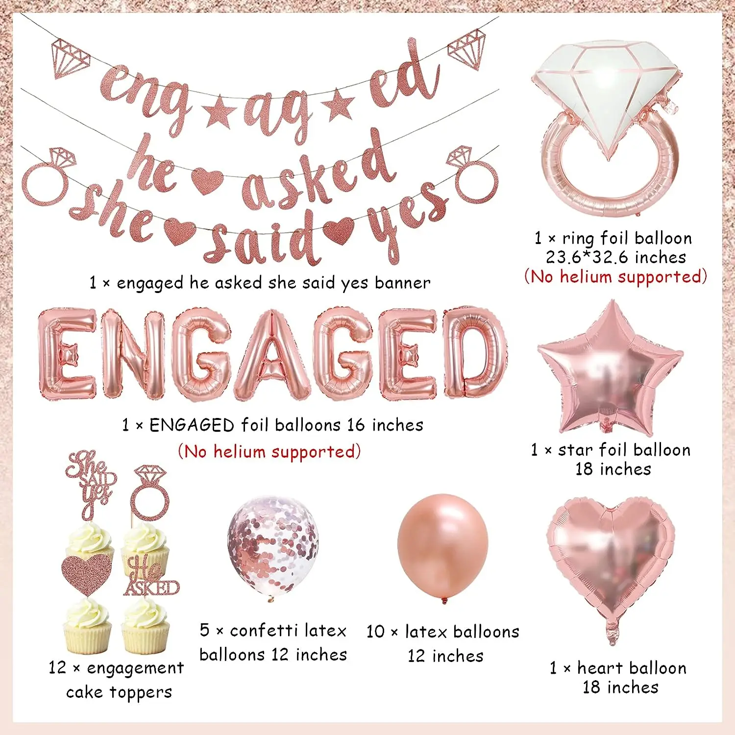 Engagement Party Decorations Rose Gold He Asked She Said Yes Banner Cupcake Toppers Engaged Balloons for Wedding Decorations