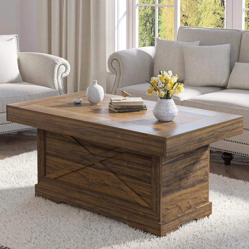 

Table 39 in Rustic Center Table with X-Design Wooden Pedestal for Living Room, Space Saving, Easy Assembly Rectangle Home