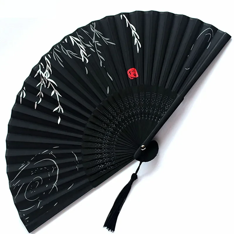 Chinese Japanese Folding Fan Wooden Shank Classical Dance Fan High Quality Tassel Female Fan