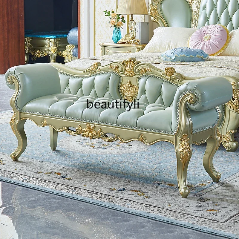 

B03 Bedside stool solid wood carving flower luxury leather French armrest combination bedroom chaise longue