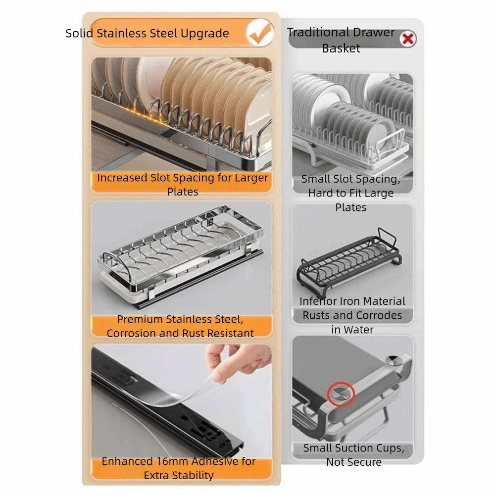 Stainless Steel Pull-out Dish Rack Large Drawer Type Dish Drainer Storage Rack with Handle with Drain Tray Kitchen Dish Racks