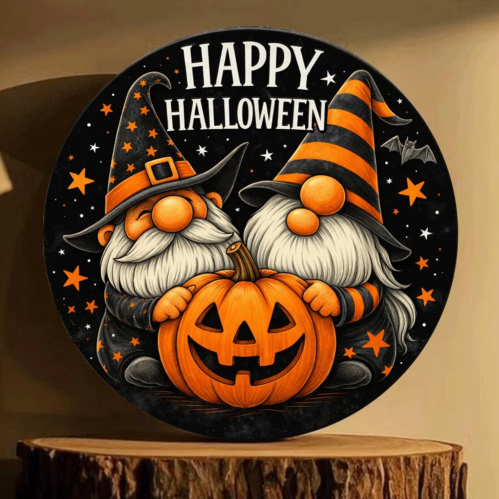 2D Flat, 1pc 2D Printed Wooden Sign with Halloween Pumpkin Elf Pattern, Round Decorative Art, Suitable for Placement in Rooms/Re