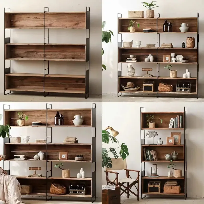 Modern Industrial Metal and Wood Bookshelf Portable Household Storage Display Shelf Furniture