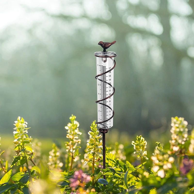 Capacity Glass Spiral Rain Gauge,Cast Iron Bird Hanging Rain Gauge,Garden Rain Water Meter Measuring With Metal Frame Durable