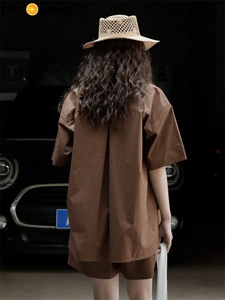 HanOrange 2024 Summer Simple Short Sleeve Cotton Shirt Women Loose Collar Cool Casual Top Female White/Brown/Pink