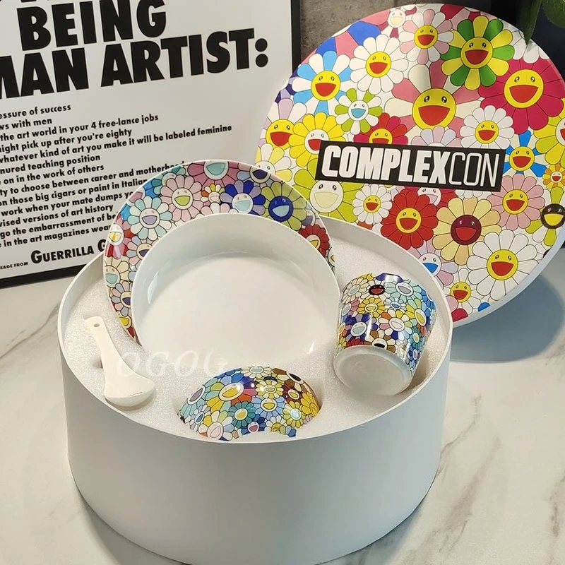 

Посуда в стиле вестерн с рисунком подсолнуха из костяного фарфора, набор из пяти предметов, милая тарелка, миска, ложка для домашней столовой