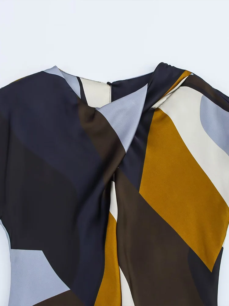 Europejski i amerykański styl, nowa moda, damska retro talia, satynowa tekstura, drukowana sukienka midi, długa spódnica