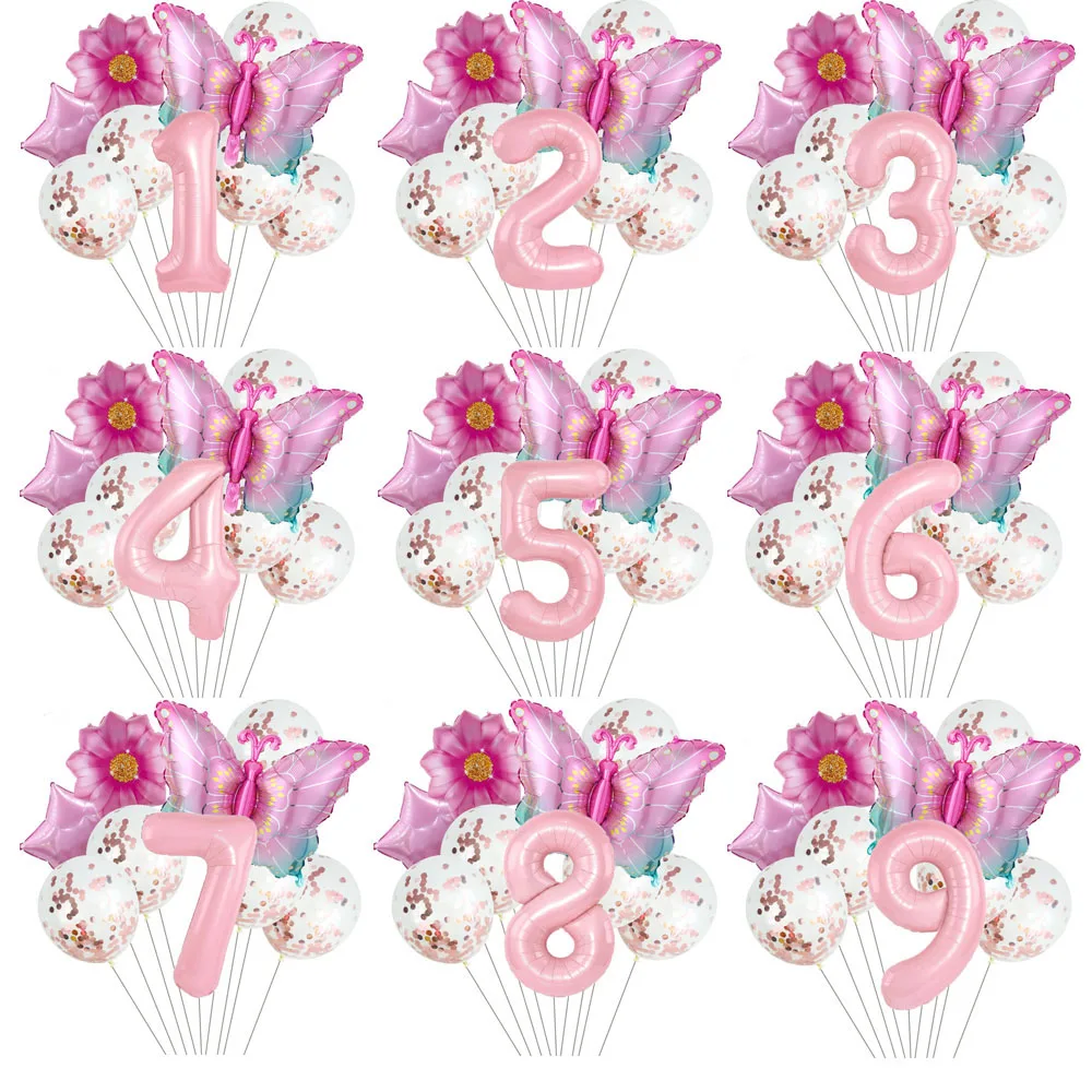 

9pcs Pink Butterfly Balloons 40inch Number Balloon Set Happy Birthday Butterfly Foil Balloon Baby Shower Birthday Party Decors