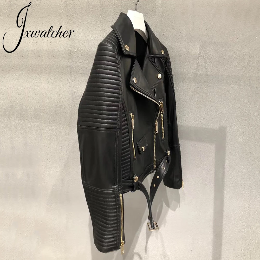 2020 New Luxury Genuine Leather Jacket Women Black Fashion Slim Motorcycle Biker Real Sheepskin Leather Short Coats Belt Female