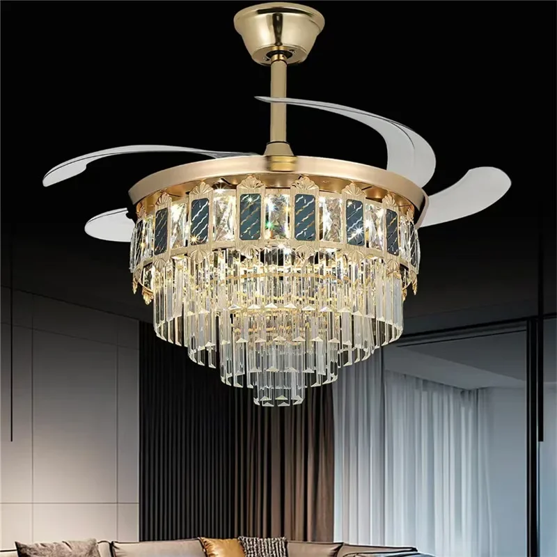 

TINNY Modern Crystal Fan Light Luxury Living Room Restaurant Bedroom StudyVilla LED Ceiling Fan Light Remote Electric Fan Light