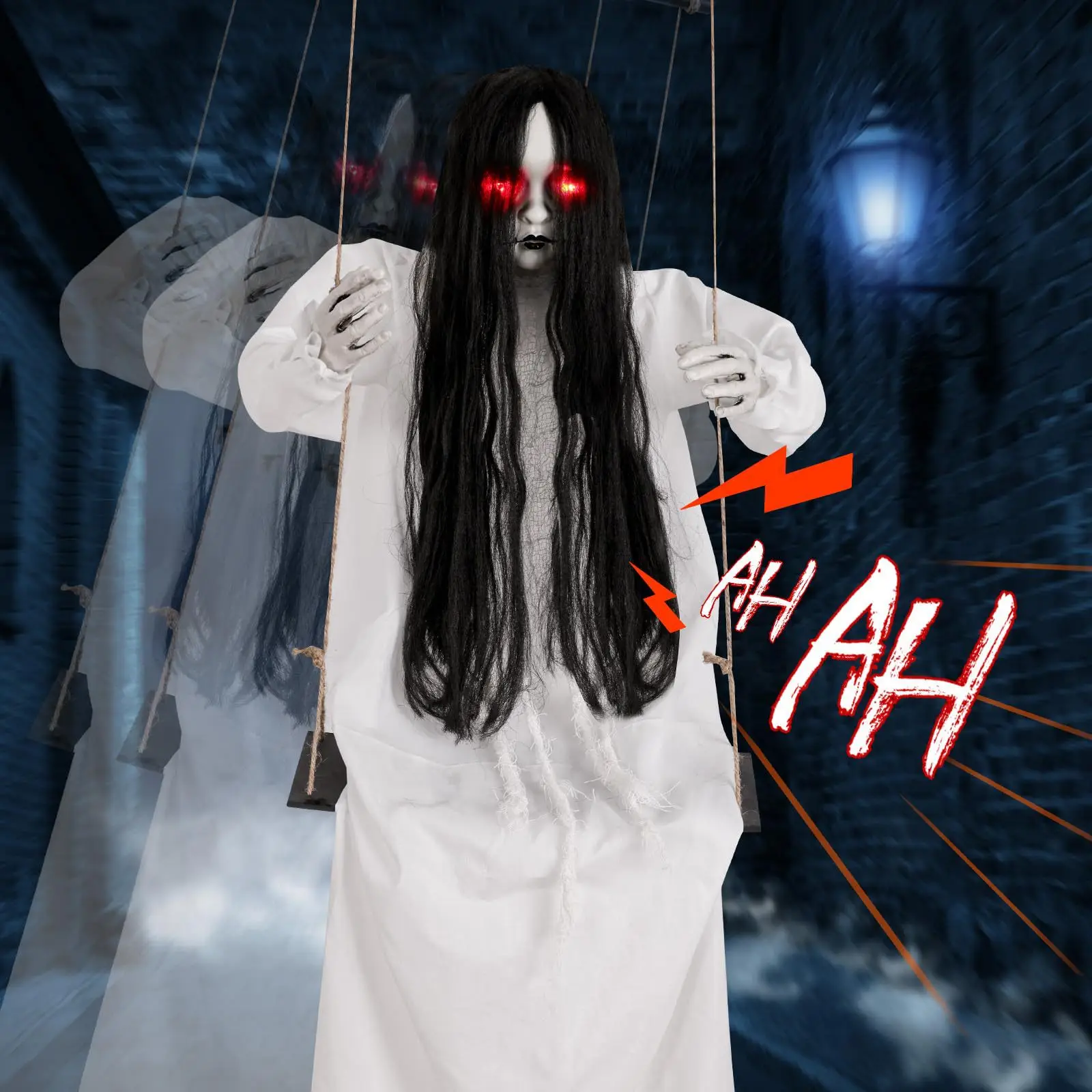 Creepy Sound Activated Hanging Ghost Bride Prop, Halloween Horror Decoration for Haunted House, Bar & Party Scene