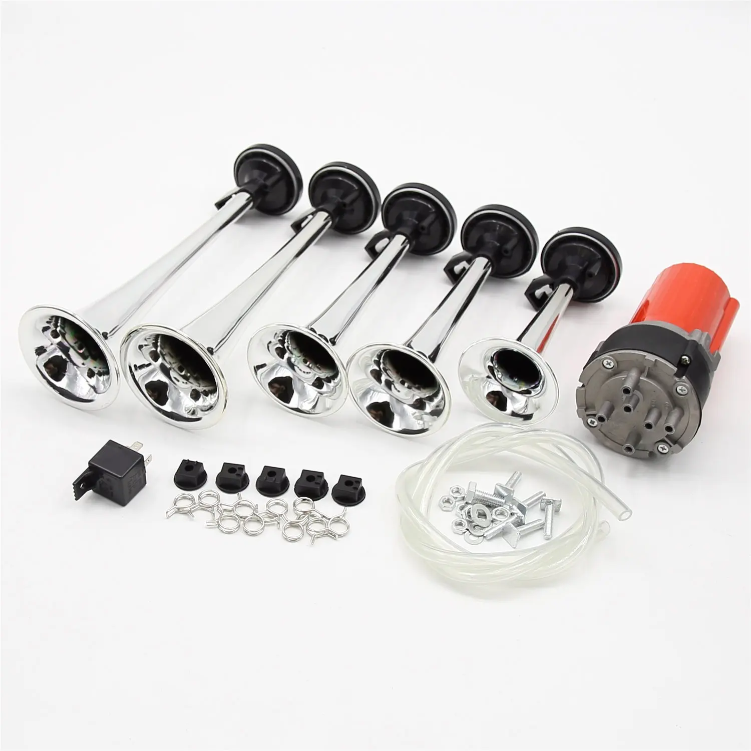 1set 12V 130DB 20A 5 Chrome Trumpet Musical Air Horn + Compressor Kit Silver Fits For Car Truck Car Speakers Accessories Parts