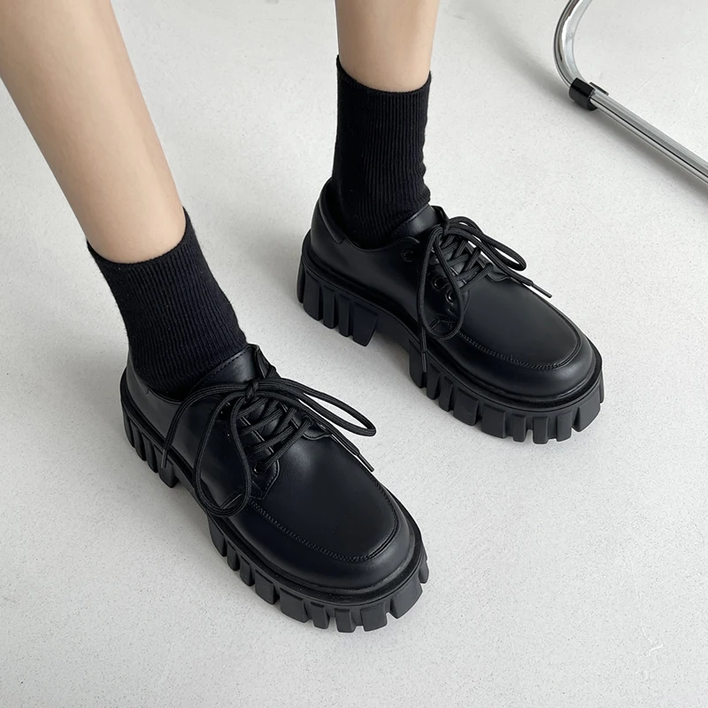 Rimocy Patent Leather Platform Oxford Shoes for Women 2022 Spring Casual Lace Up Flats Woman Black Chunky Shoes Zapatillas Mujer