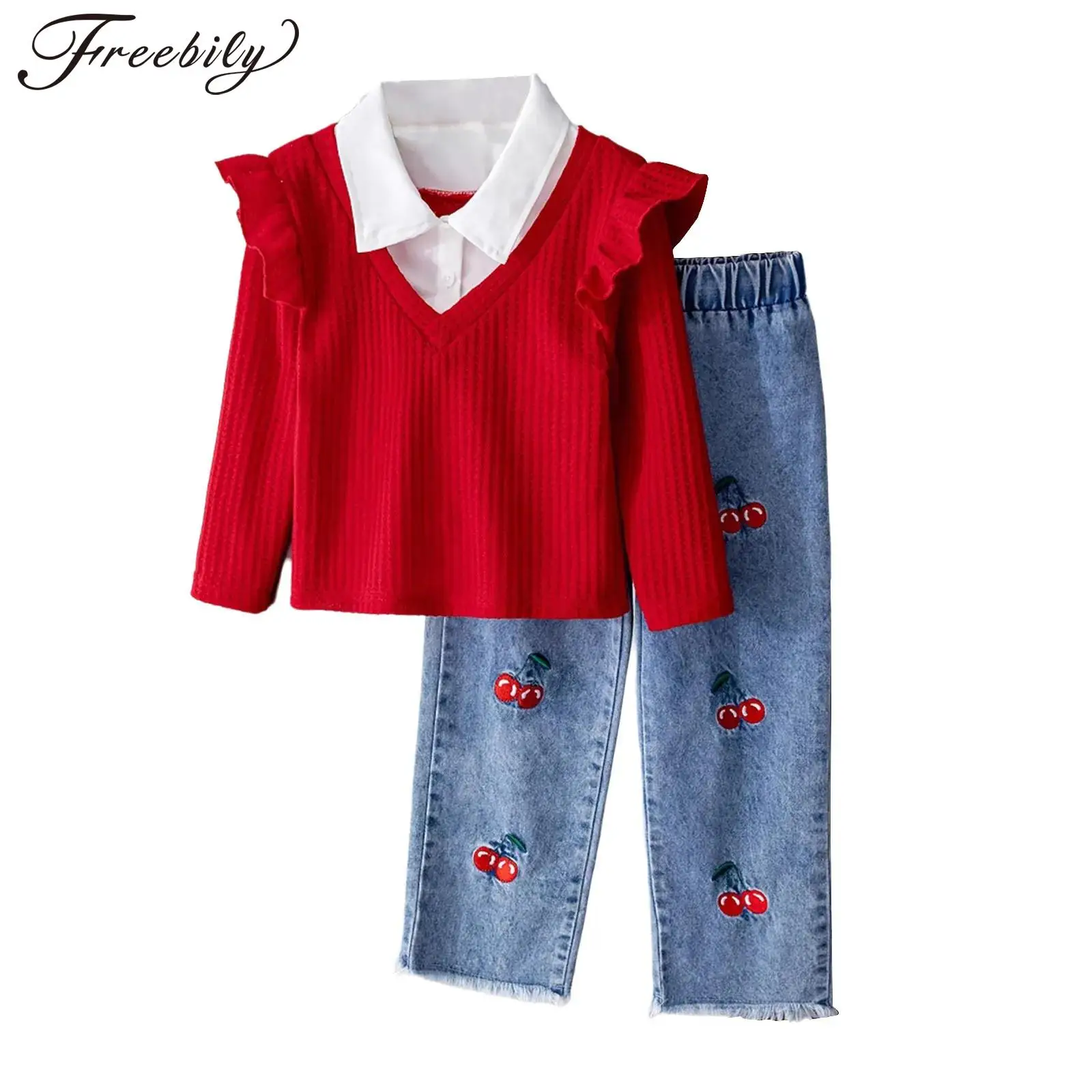 

Children Girls Clothing Outfits Spring Autumn Long Sleeve Textured Tops with Cherry Embroidery Denim Pants Set School Daily Wear