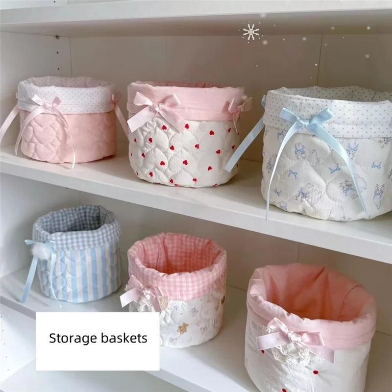 AB15-Fabric Storage Basket Cylinder Fabric Storage Basket Bedroom Clutter Organization Storage Fabric Basket Polka Dot