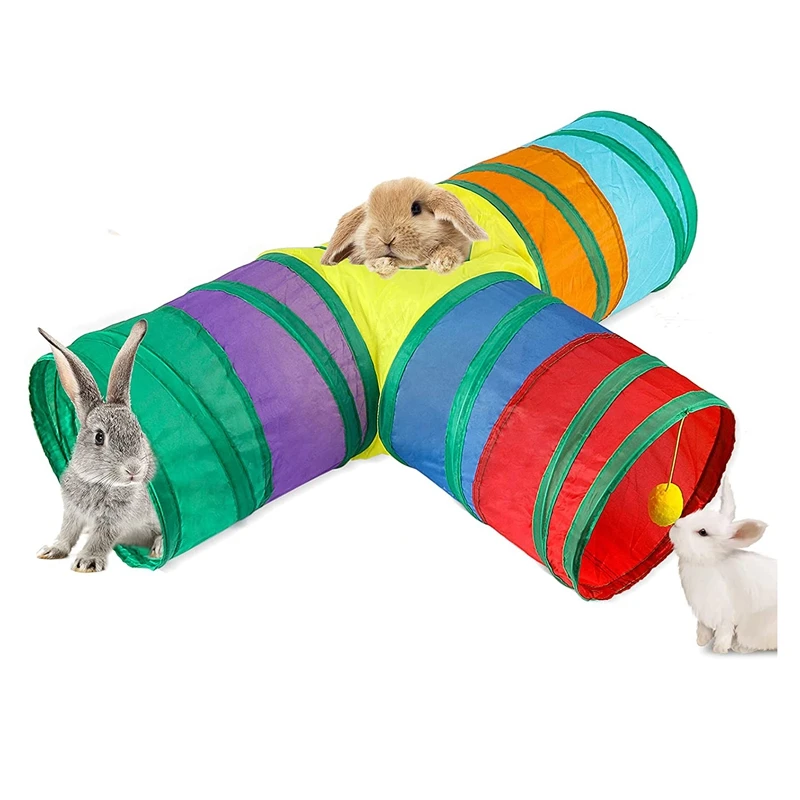 SEWS-Bunny Tunnels & Tubes Collapsible 3 Way Bunny Hideout Small Animal Activity Tunnel Toys For Dwarf Rabbits Bunny Kitty