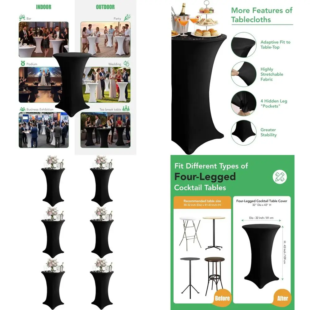 

Черные круглые скатерти для коктейльных столов 32x43 дюйма, набор из 6 штук, многоразовые для вечеринок, свадеб, банкетов и декораций для мероприятий