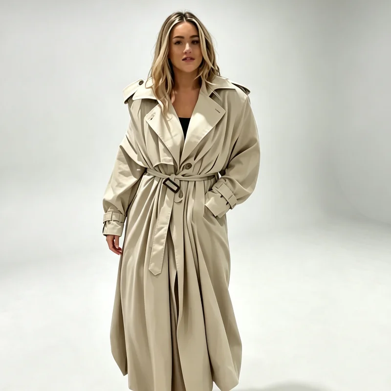 Loose Draped Maxi Trench Coat Women Lapel Collar Belted Windproof Batwing Sleeve Autumn Commute Ladies Jacket Casual Outerwear
