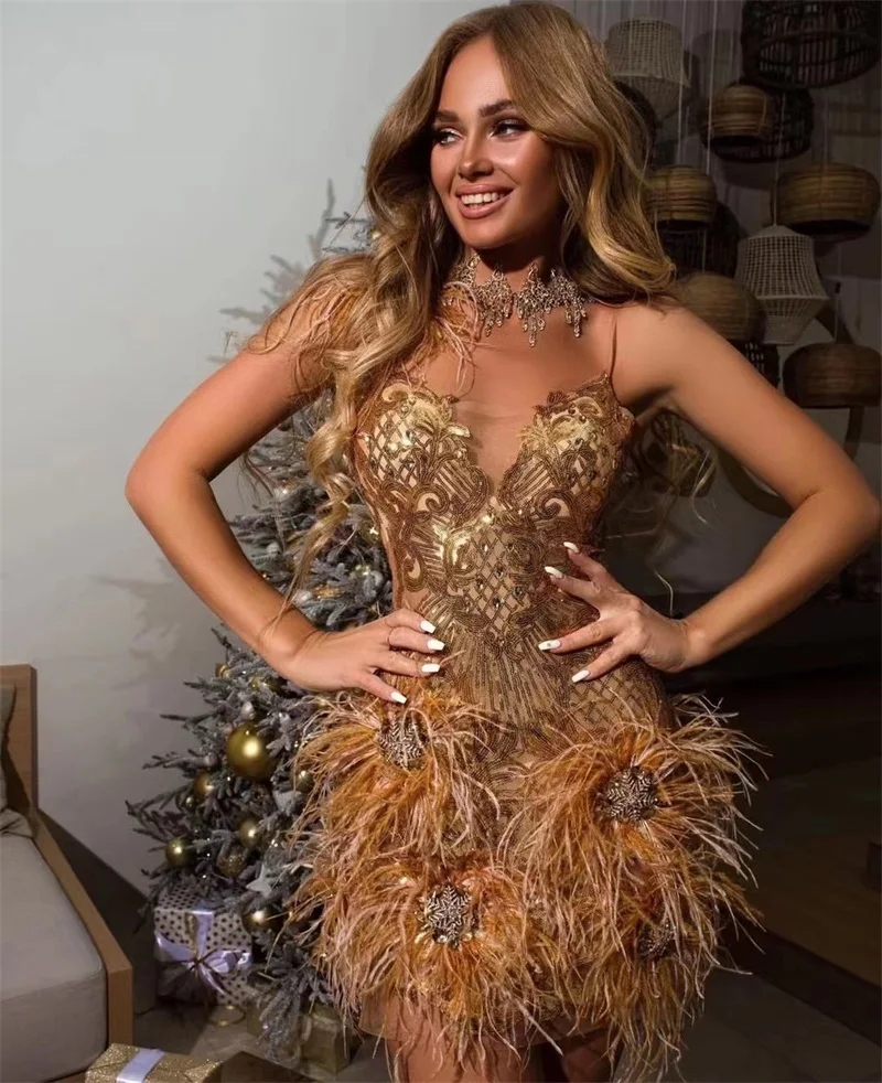 

Brown Feather Sequins Women Prom Dress Luxury Crystals Sexy Sleeveless Short Mini Evening Party Gown Formal Sheath Birthday Robe