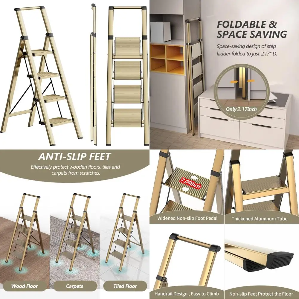 บันไดพับได้อลูมิเนียมแบบพกพาพร้อมแป้นกันลื่นและที่จับที่แข็งแรง น้ำหนักเบาและกว้างเพื่อการปีนที่ปลอดภัย รับน้ำหนักได้ 300 ปอนด์