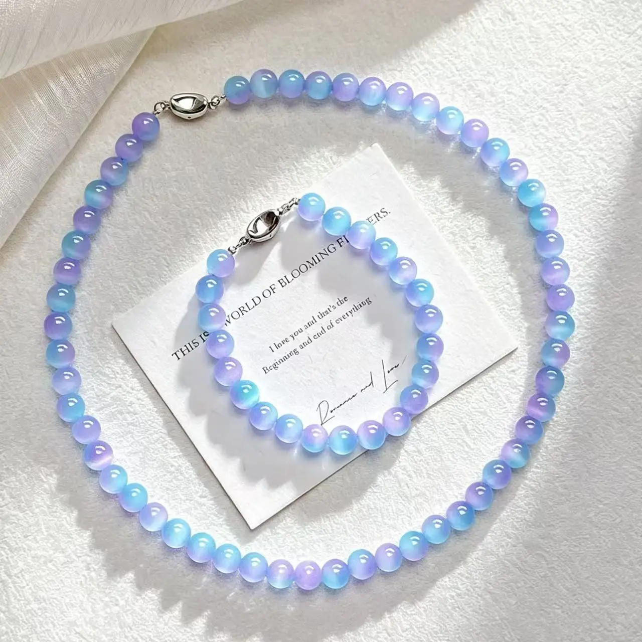 High-Quality Blue Purple Synthetic Cat's Eye Beaded Necklace & Bracelet Set, 2-Piece Stackable Layering Jewelry for Women