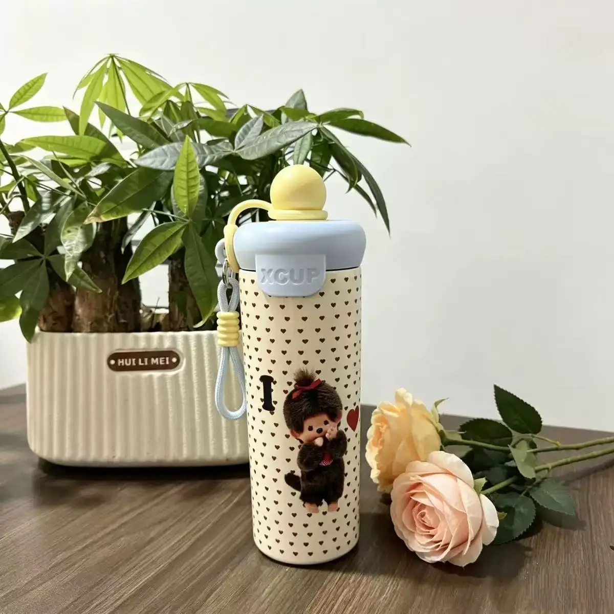 600ml 뉴 치치 여행용 컵 휴대용 손잡이 빨대컵 귀여운 만화 캐릭터 이중 보온병 물병