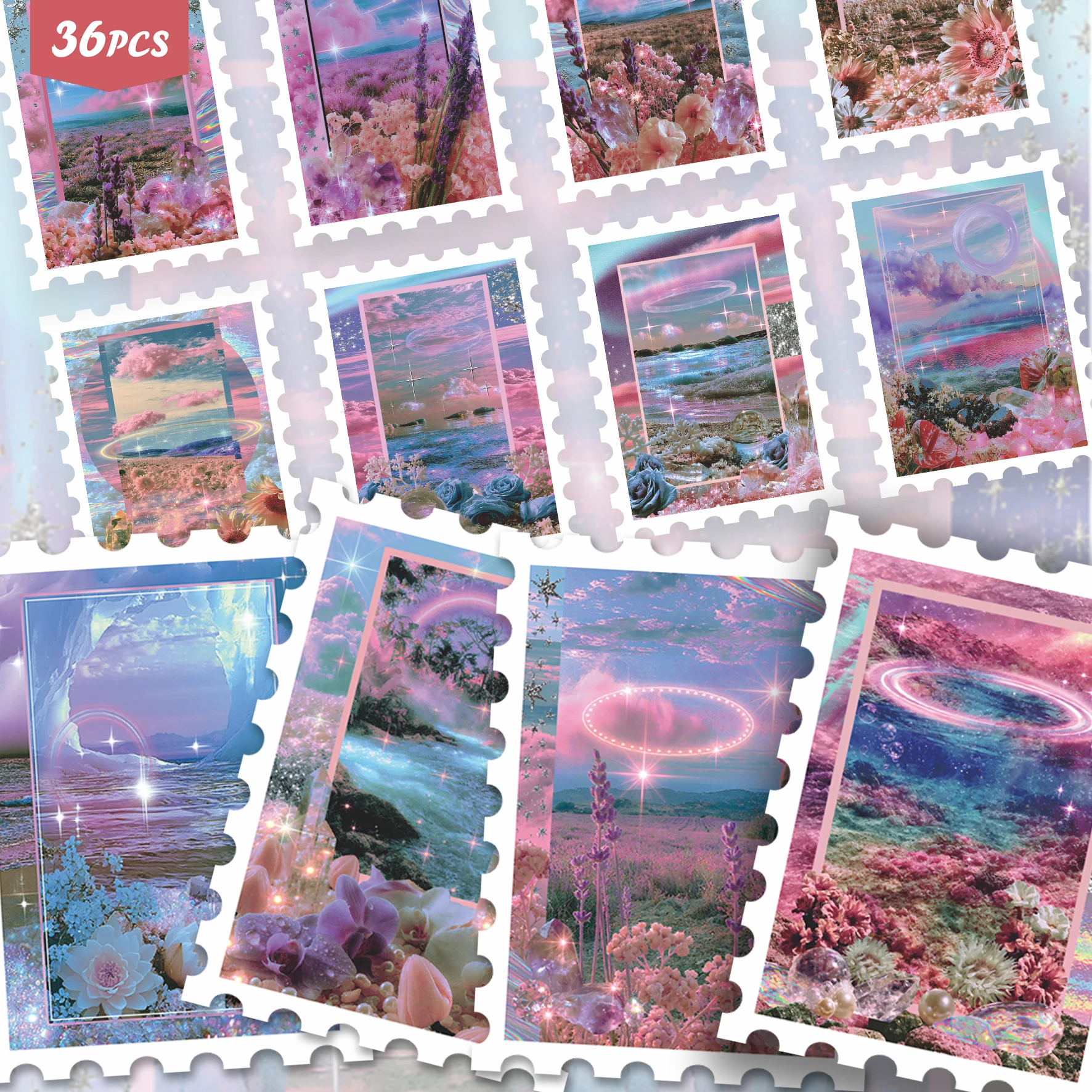 36PCS Magical Pastel Dreamscape Art Stickers, assorted glowing fantasy landscape patterns with pink iridescent tones, ethereal w